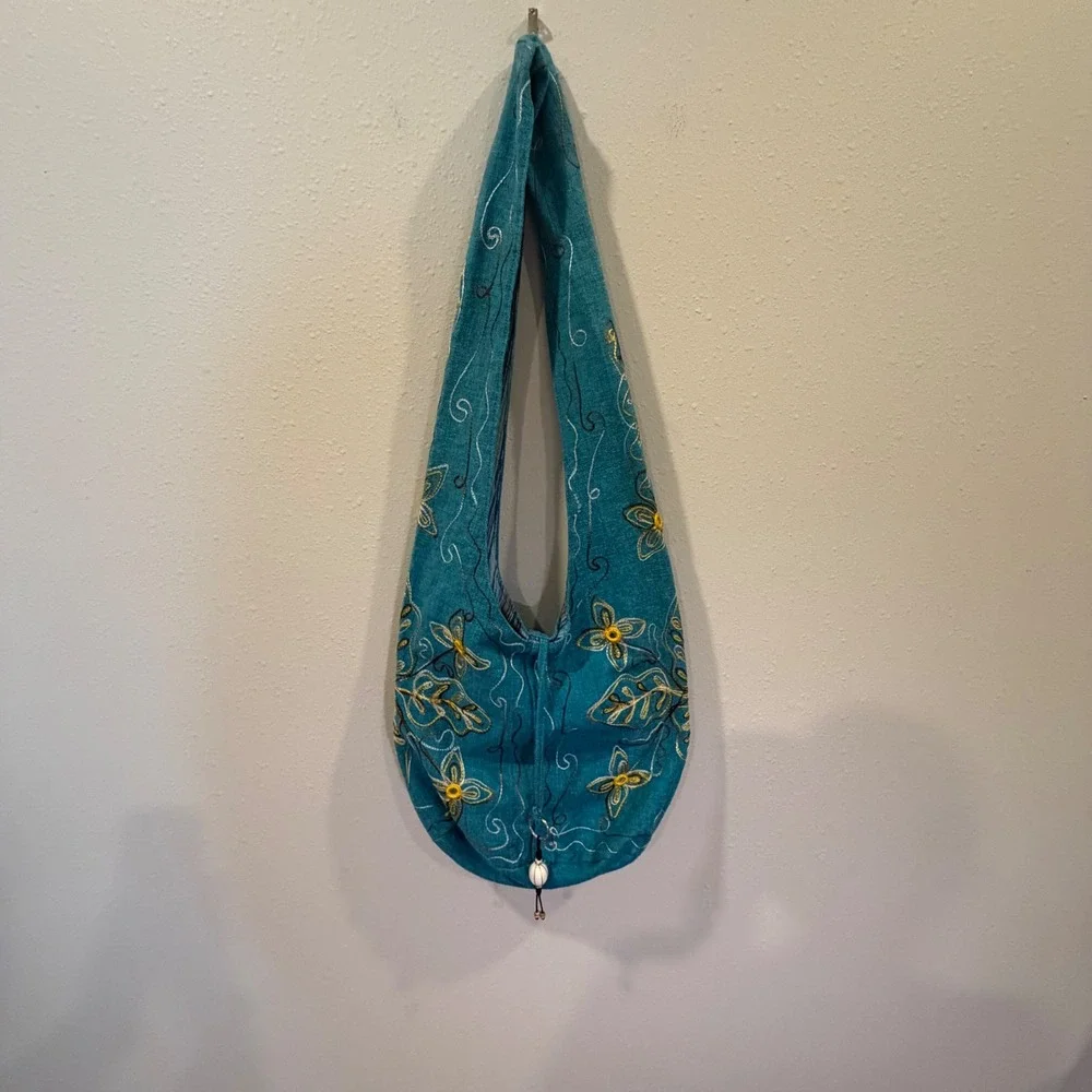 Rising International Hobo Bag Women Teal Embroidered Floral Boho Nepal Hippie